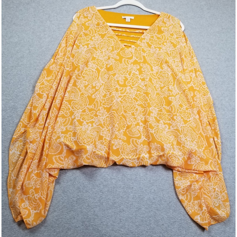 Cato Top Women 18W 20W Orange White Floral Short Sleeve Cold Shoulder Bubble Hem